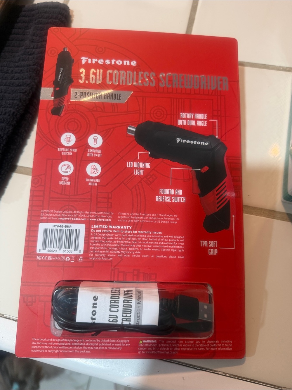 Firestone 3.6V Cordless Screwdriver in Black and Red - Picture 3 of 3